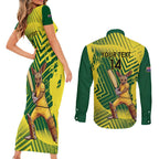 Custom Australia Cricket Couples Matching Short Sleeve Bodycon Dress and Long Sleeve Button Shirt Aussie Baggy Greens - Kangaroo Mascot Style