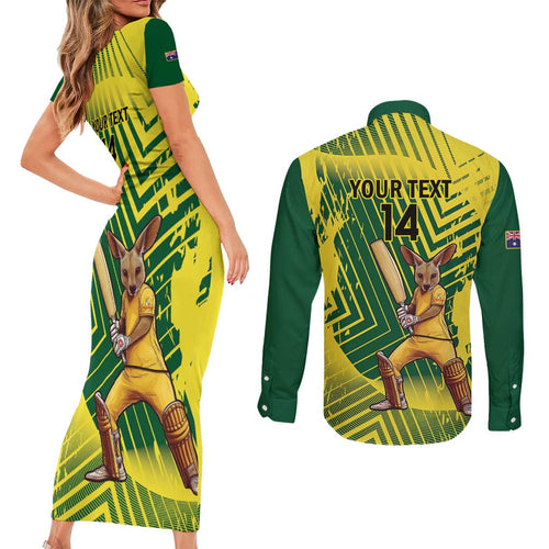 Custom Australia Cricket Couples Matching Short Sleeve Bodycon Dress and Long Sleeve Button Shirt Aussie Baggy Greens - Kangaroo Mascot Style