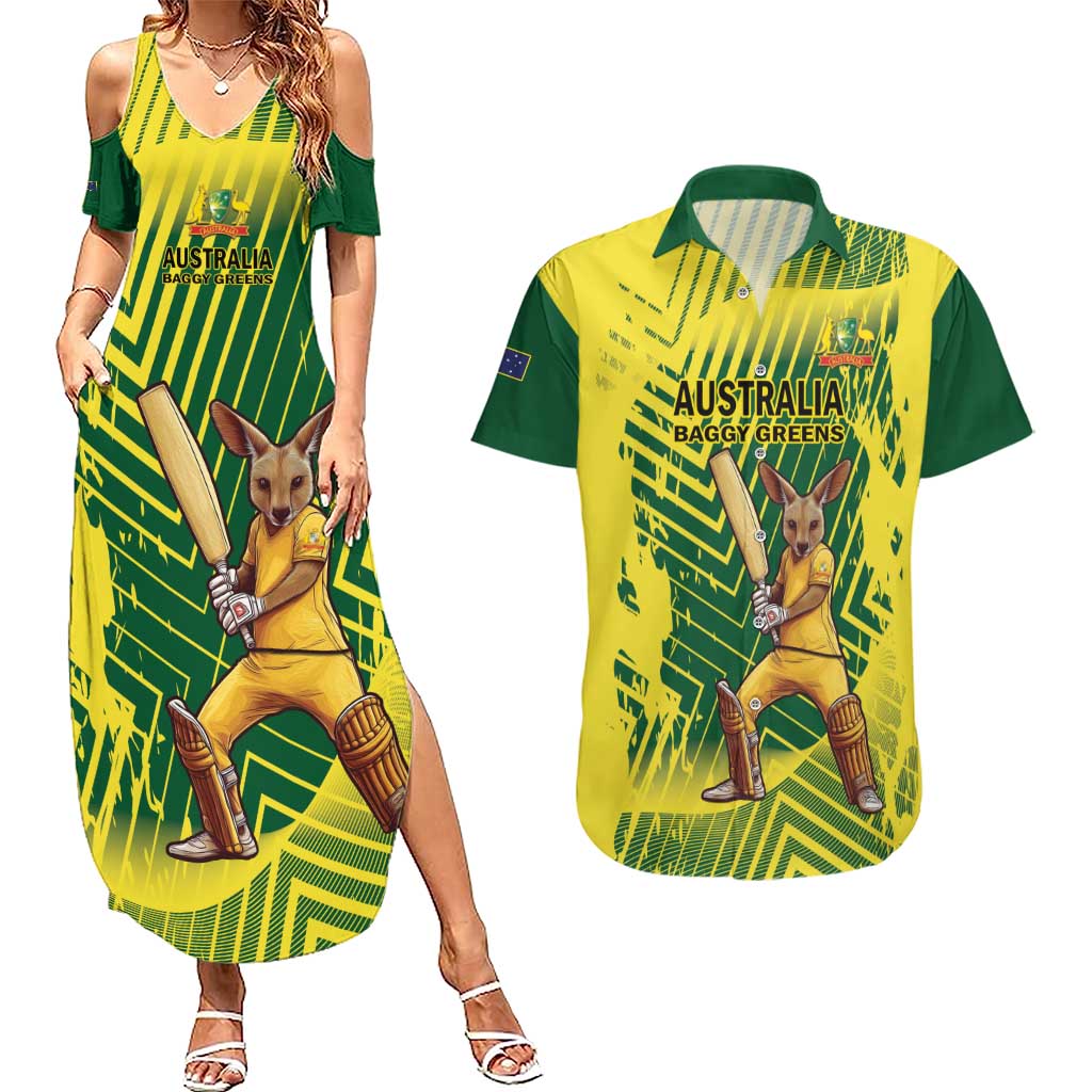 Custom Australia Cricket Couples Matching Summer Maxi Dress and Hawaiian Shirt Aussie Baggy Greens - Kangaroo Mascot Style
