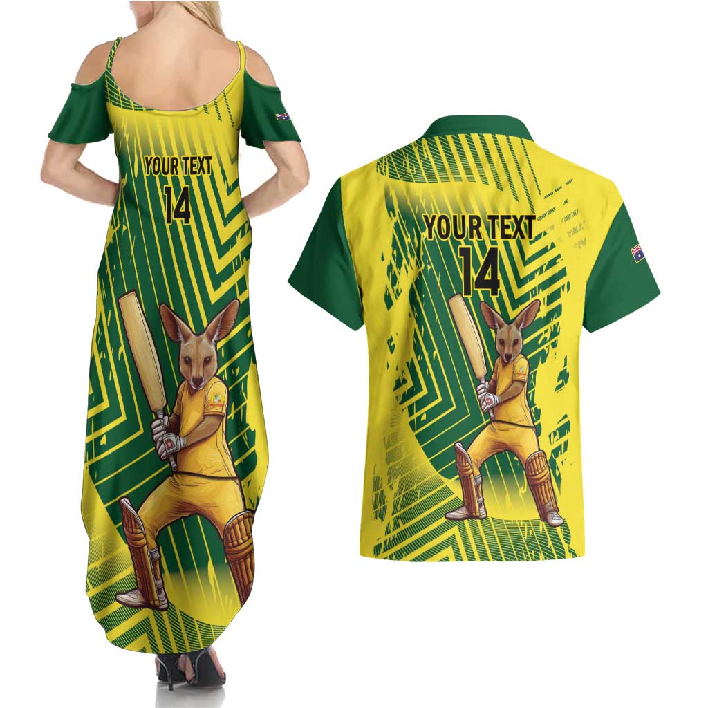 Custom Australia Cricket Couples Matching Summer Maxi Dress and Hawaiian Shirt Aussie Baggy Greens - Kangaroo Mascot Style