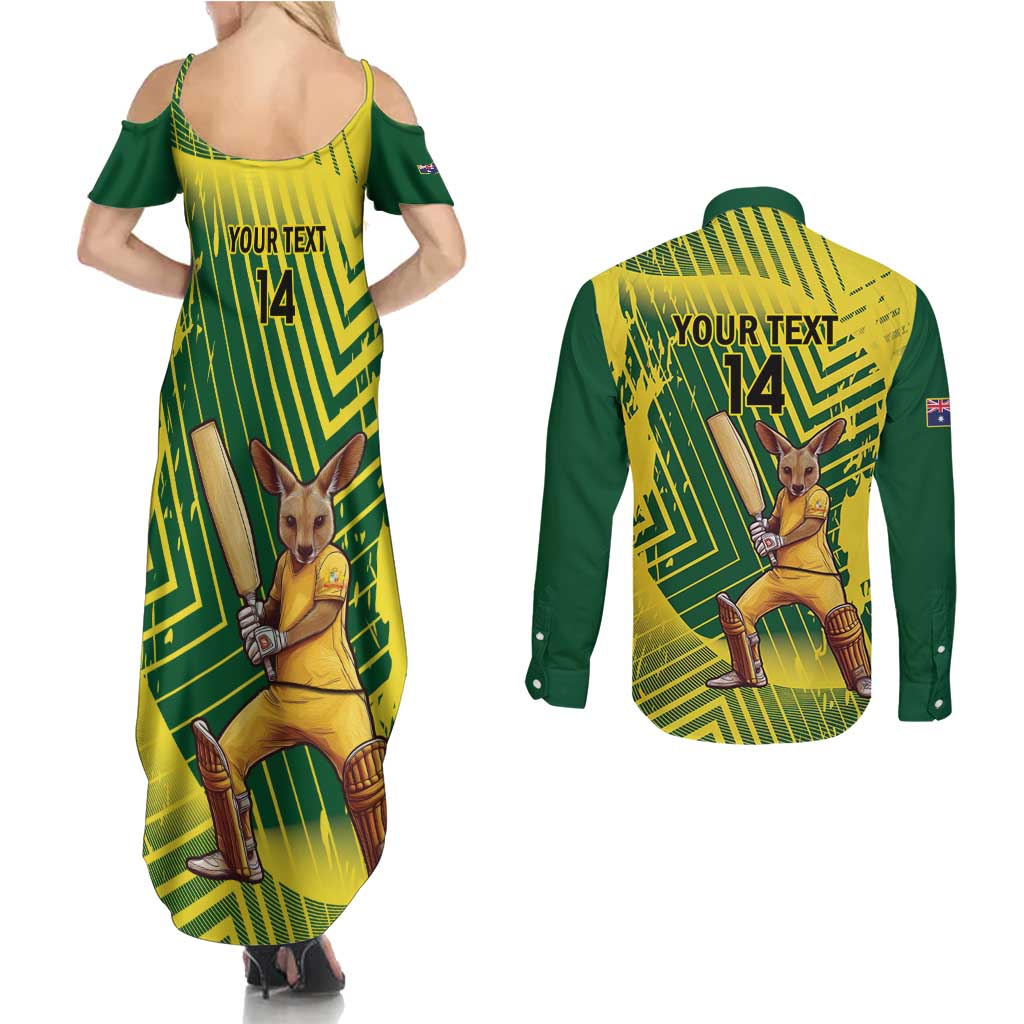 Custom Australia Cricket Couples Matching Summer Maxi Dress and Long Sleeve Button Shirt Aussie Baggy Greens - Kangaroo Mascot Style