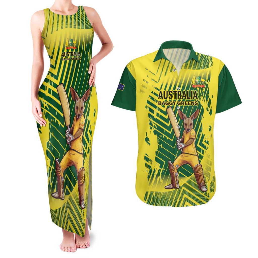 Custom Australia Cricket Couples Matching Tank Maxi Dress and Hawaiian Shirt Aussie Baggy Greens - Kangaroo Mascot Style
