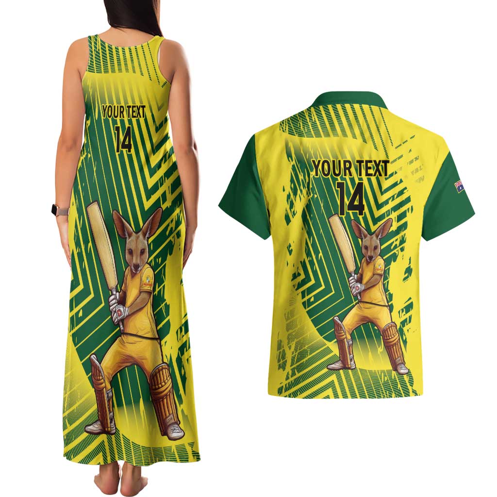 Custom Australia Cricket Couples Matching Tank Maxi Dress and Hawaiian Shirt Aussie Baggy Greens - Kangaroo Mascot Style