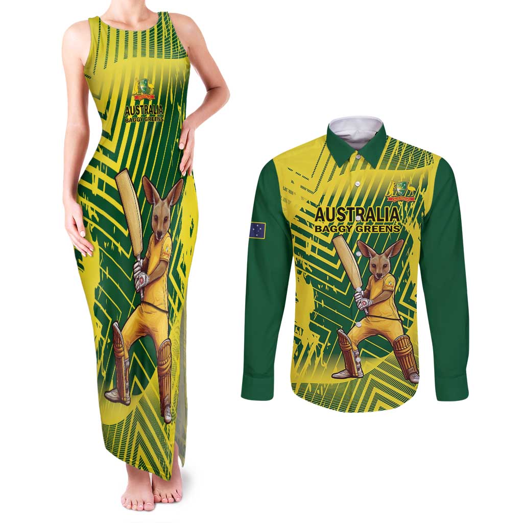 Custom Australia Cricket Couples Matching Tank Maxi Dress and Long Sleeve Button Shirt Aussie Baggy Greens - Kangaroo Mascot Style