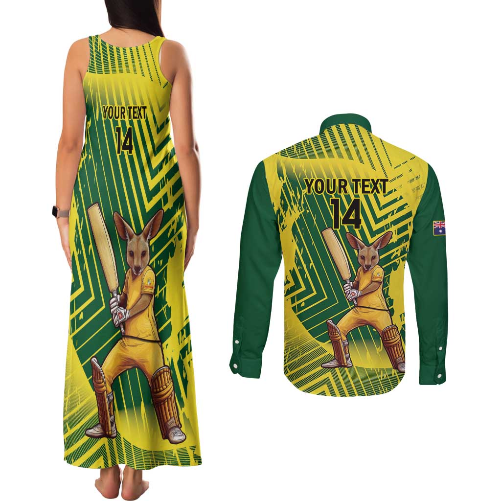 Custom Australia Cricket Couples Matching Tank Maxi Dress and Long Sleeve Button Shirt Aussie Baggy Greens - Kangaroo Mascot Style