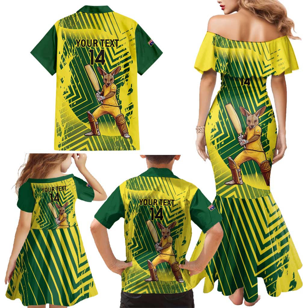 Custom Australia Cricket Family Matching Mermaid Dress and Hawaiian Shirt Aussie Baggy Greens - Kangaroo Mascot Style
