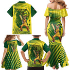 Custom Australia Cricket Family Matching Mermaid Dress and Hawaiian Shirt Aussie Baggy Greens - Kangaroo Mascot Style