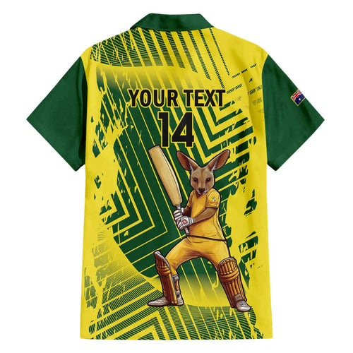 Custom Australia Cricket Family Matching Off The Shoulder Long Sleeve Dress and Hawaiian Shirt Aussie Baggy Greens - Kangaroo Mascot Style