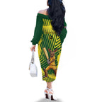 Custom Australia Cricket Family Matching Off The Shoulder Long Sleeve Dress and Hawaiian Shirt Aussie Baggy Greens - Kangaroo Mascot Style