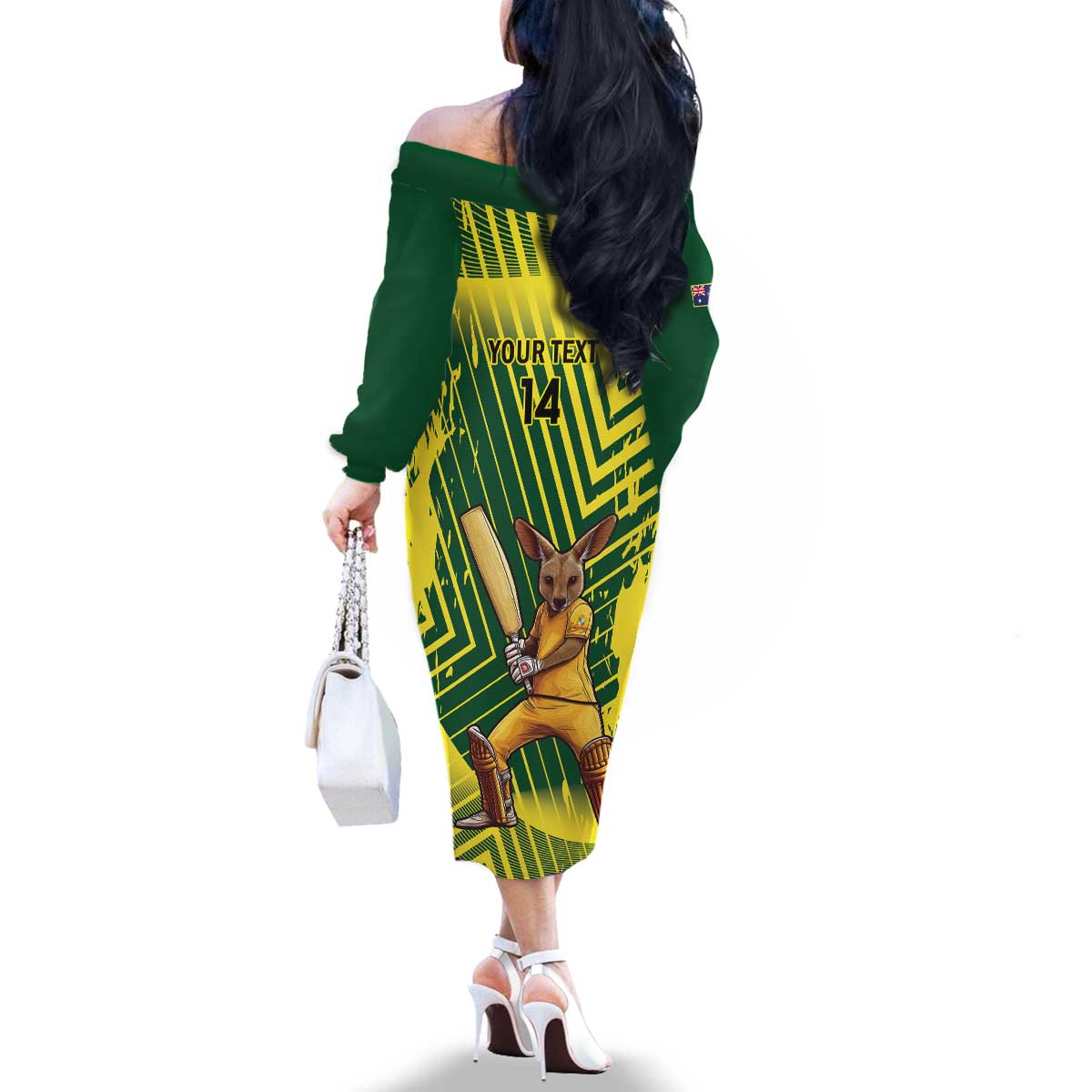 Custom Australia Cricket Family Matching Off The Shoulder Long Sleeve Dress and Hawaiian Shirt Aussie Baggy Greens - Kangaroo Mascot Style