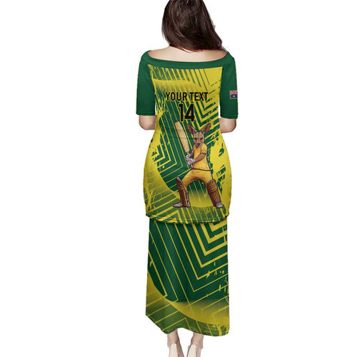 Custom Australia Cricket Family Matching Puletasi and Hawaiian Shirt Aussie Baggy Greens - Kangaroo Mascot Style