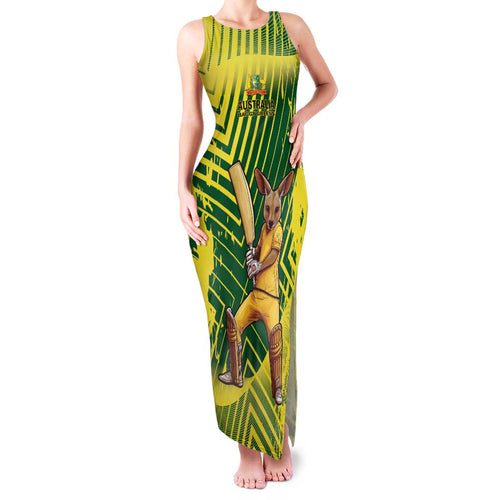 Custom Australia Cricket Family Matching Tank Maxi Dress and Hawaiian Shirt Aussie Baggy Greens - Kangaroo Mascot Style
