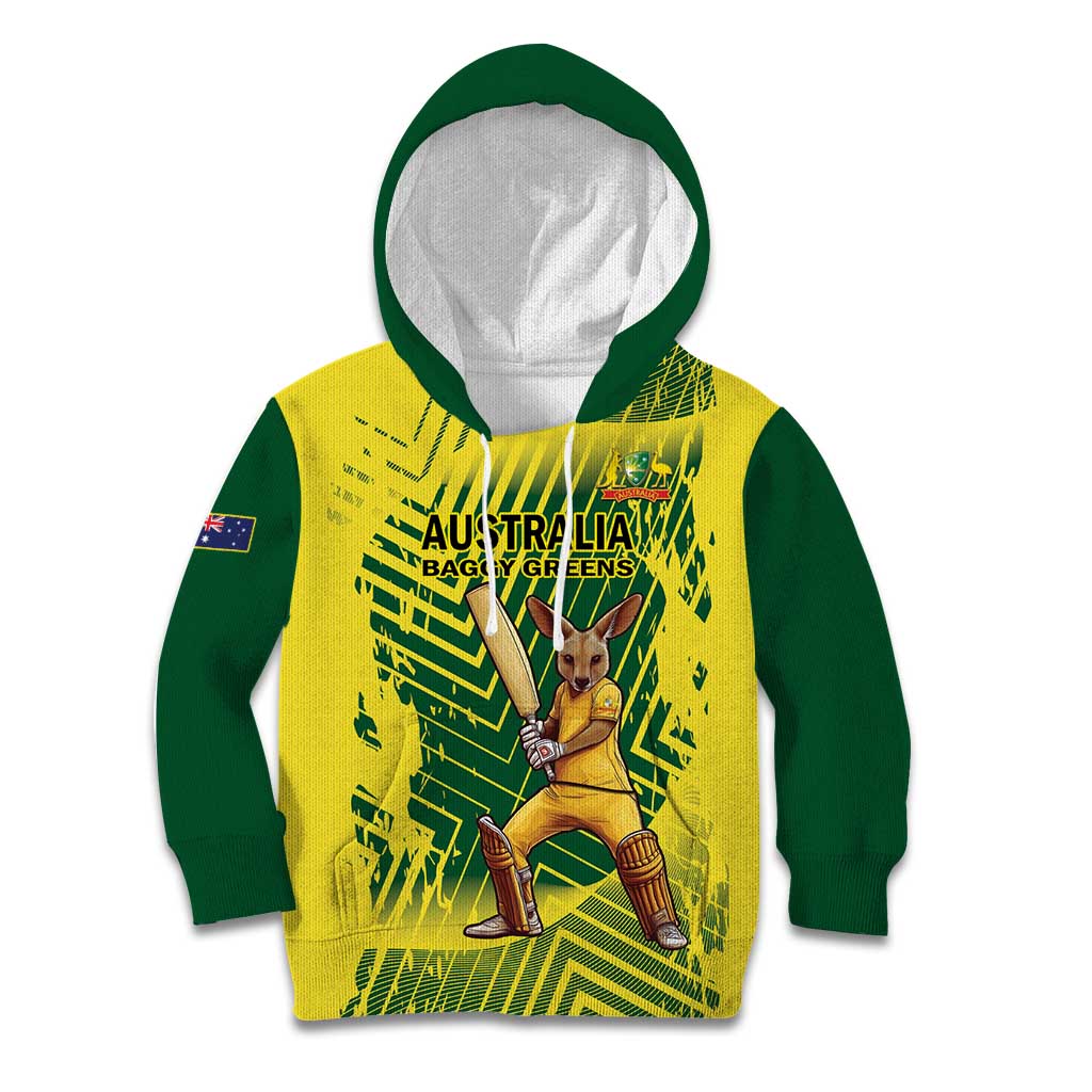 Custom Australia Cricket Kid Hoodie Aussie Baggy Greens - Kangaroo Mascot Style