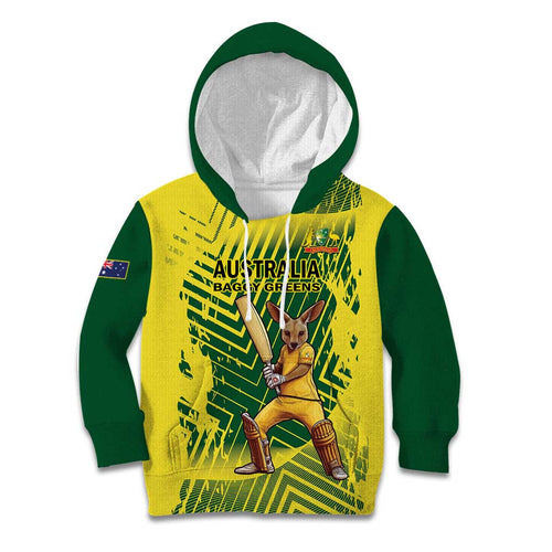 Custom Australia Cricket Kid Hoodie Aussie Baggy Greens - Kangaroo Mascot Style