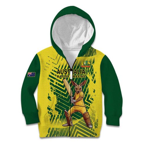 Custom Australia Cricket Kid Hoodie Aussie Baggy Greens - Kangaroo Mascot Style