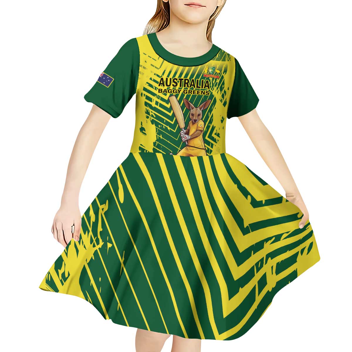 Custom Australia Cricket Kid Short Sleeve Dress Aussie Baggy Greens - Kangaroo Mascot Style