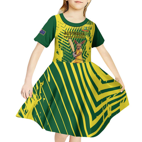 Custom Australia Cricket Kid Short Sleeve Dress Aussie Baggy Greens - Kangaroo Mascot Style