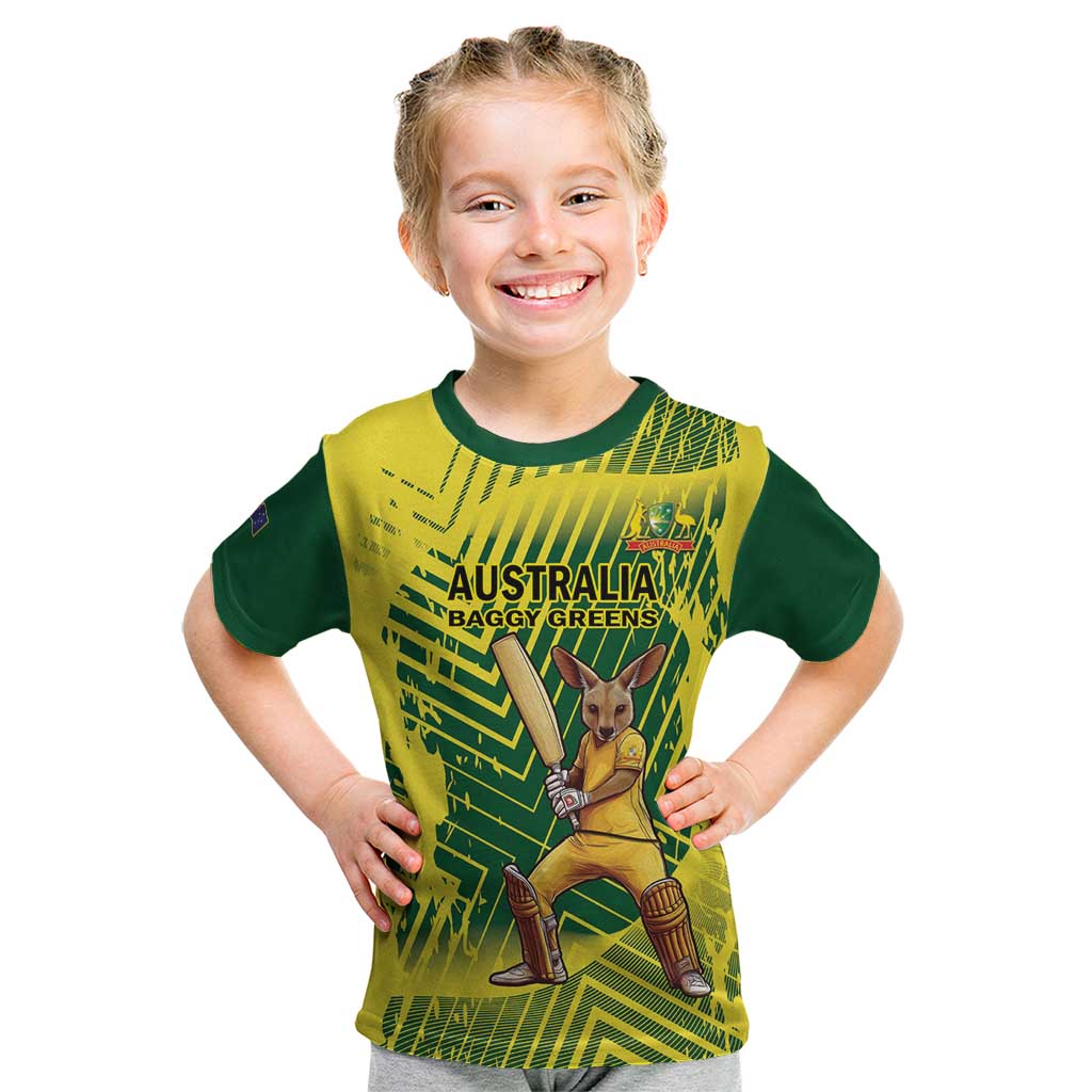 Custom Australia Cricket Kid T Shirt Aussie Baggy Greens - Kangaroo Mascot Style