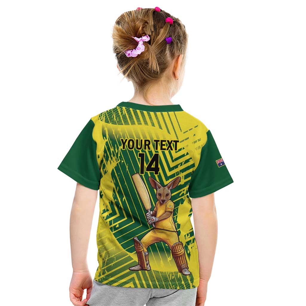 Custom Australia Cricket Kid T Shirt Aussie Baggy Greens - Kangaroo Mascot Style
