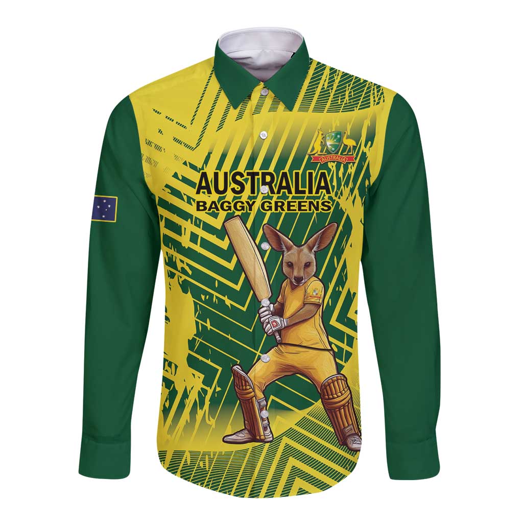 Custom Australia Cricket Long Sleeve Button Shirt Aussie Baggy Greens - Kangaroo Mascot Style