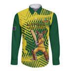 Custom Australia Cricket Long Sleeve Button Shirt Aussie Baggy Greens - Kangaroo Mascot Style