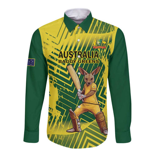 Custom Australia Cricket Long Sleeve Button Shirt Aussie Baggy Greens - Kangaroo Mascot Style