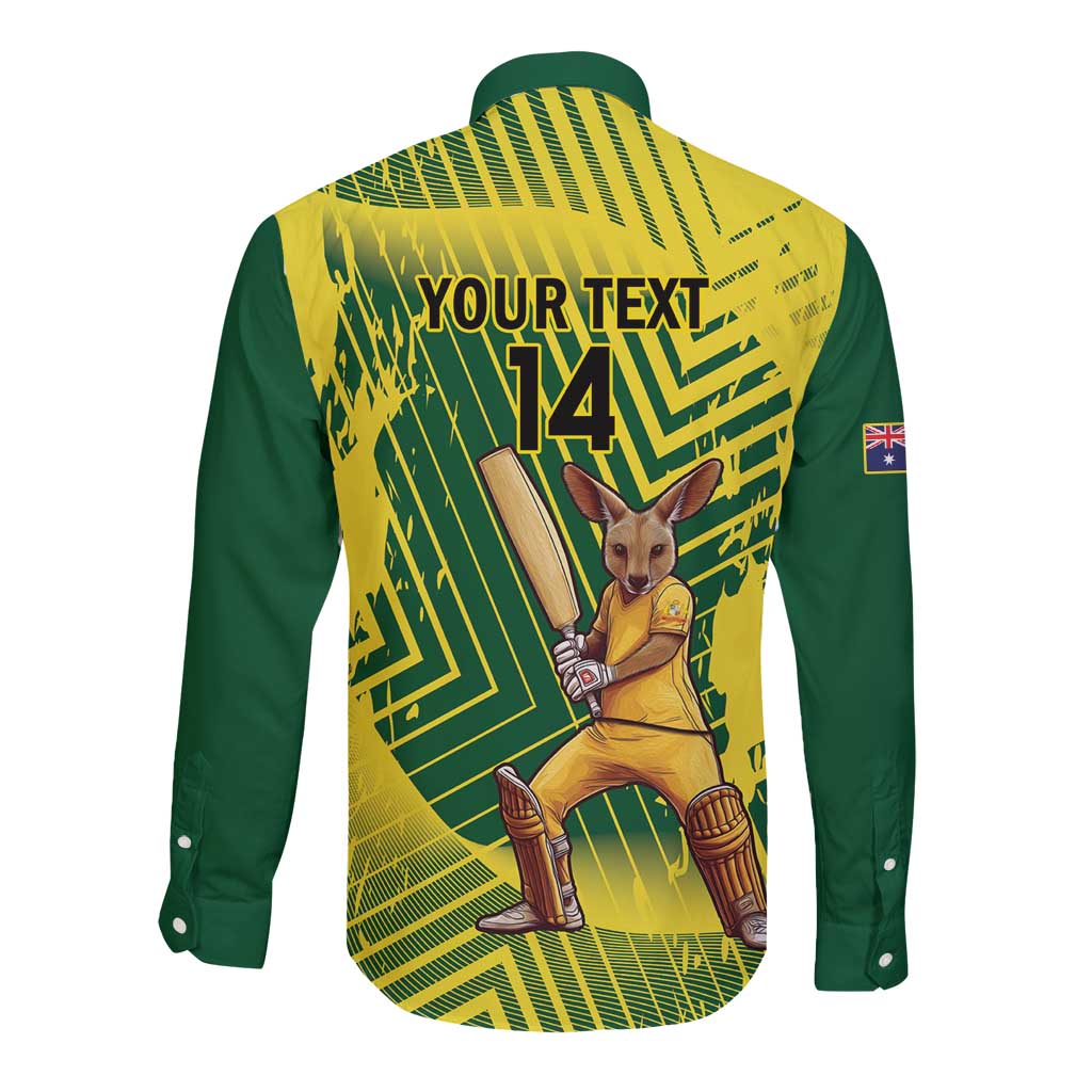 Custom Australia Cricket Long Sleeve Button Shirt Aussie Baggy Greens - Kangaroo Mascot Style