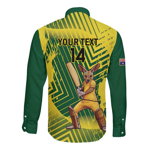 Custom Australia Cricket Long Sleeve Button Shirt Aussie Baggy Greens - Kangaroo Mascot Style
