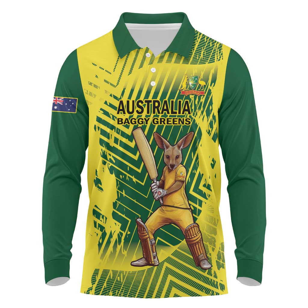 Custom Australia Cricket Long Sleeve Polo Shirt Aussie Baggy Greens - Kangaroo Mascot Style