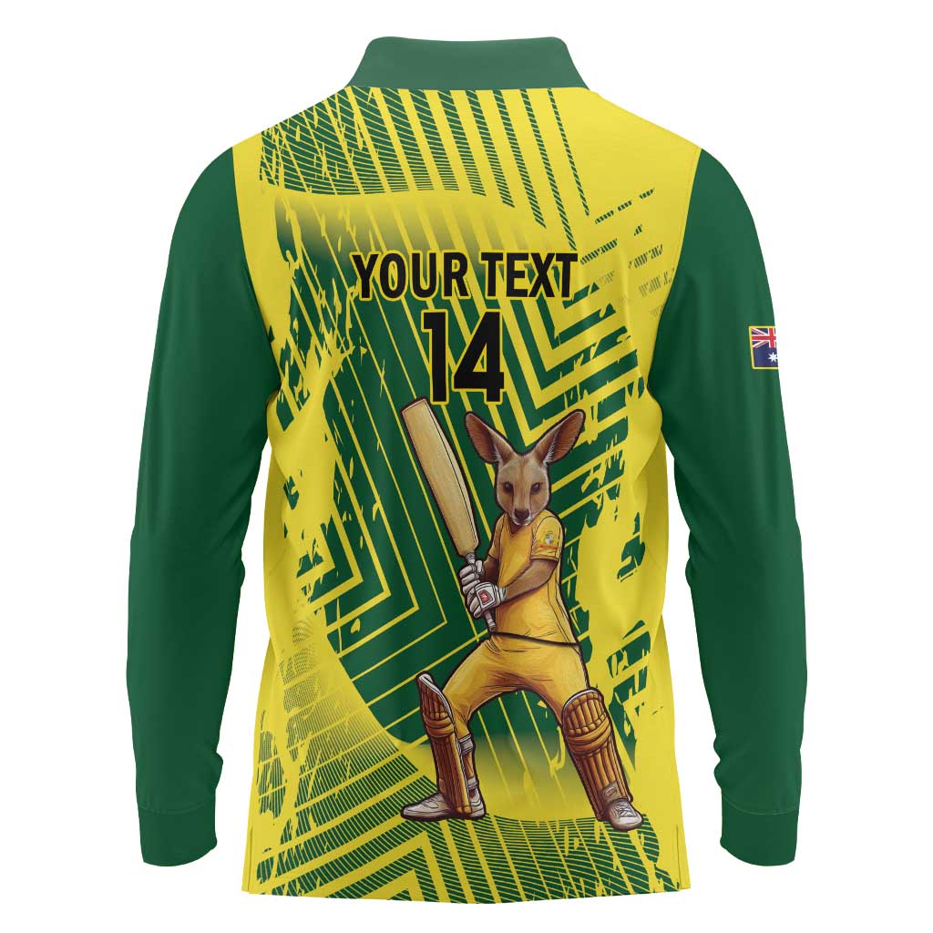 Custom Australia Cricket Long Sleeve Polo Shirt Aussie Baggy Greens - Kangaroo Mascot Style