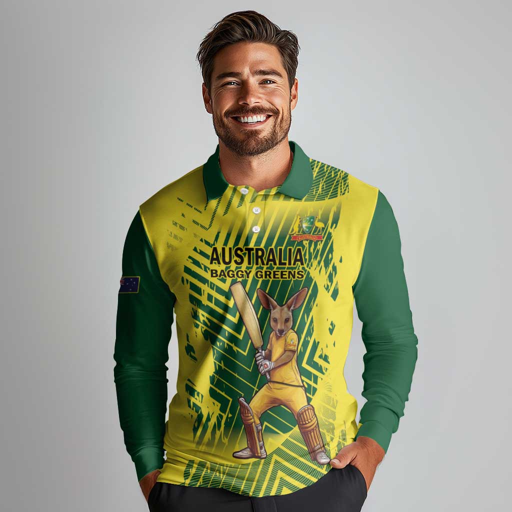 Custom Australia Cricket Long Sleeve Polo Shirt Aussie Baggy Greens - Kangaroo Mascot Style