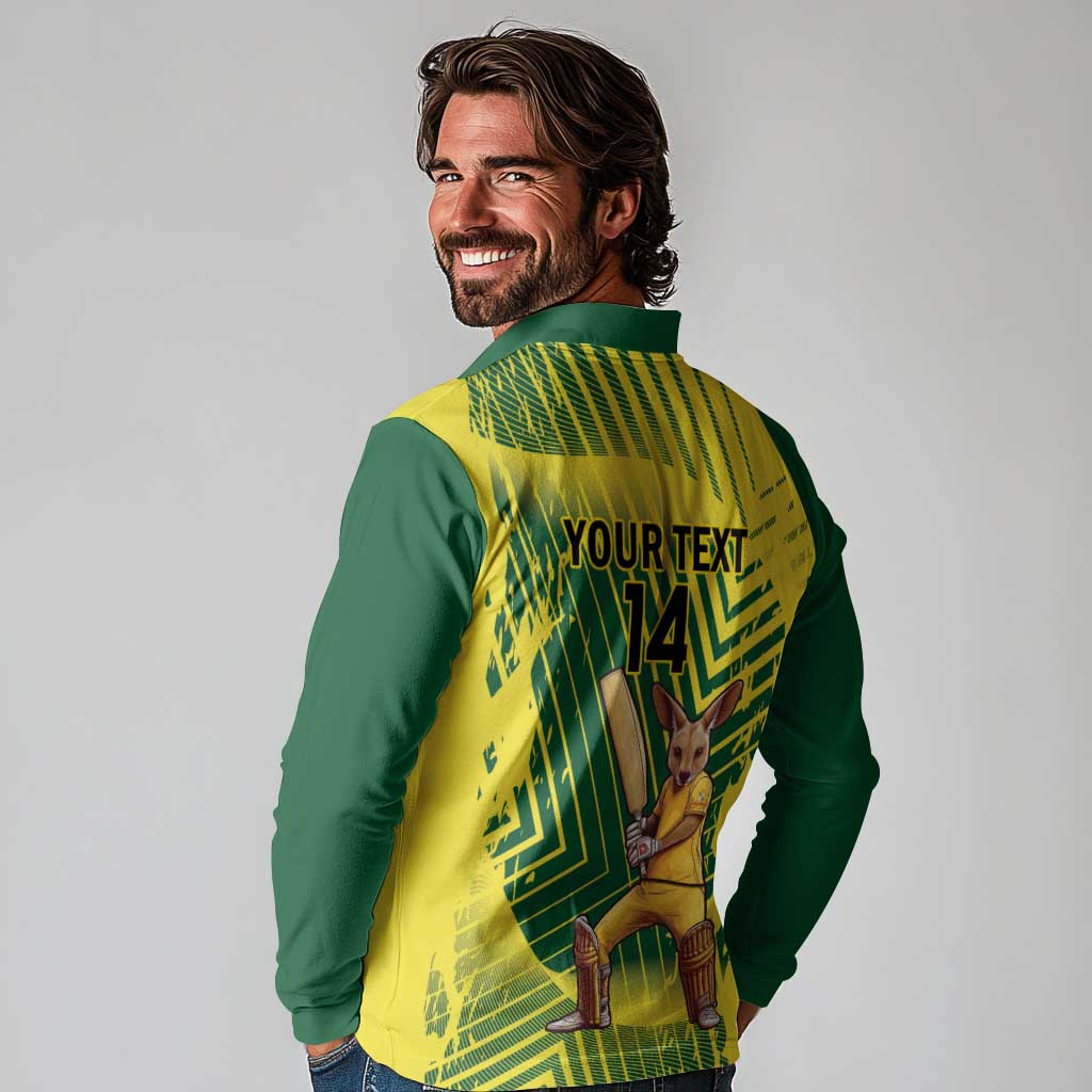 Custom Australia Cricket Long Sleeve Polo Shirt Aussie Baggy Greens - Kangaroo Mascot Style