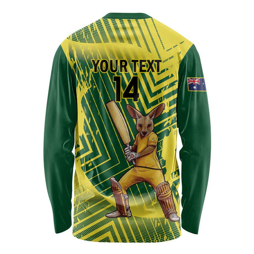 Custom Australia Cricket Long Sleeve Shirt Aussie Baggy Greens - Kangaroo Mascot Style