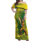 Custom Australia Cricket Off Shoulder Maxi Dress Aussie Baggy Greens - Kangaroo Mascot Style