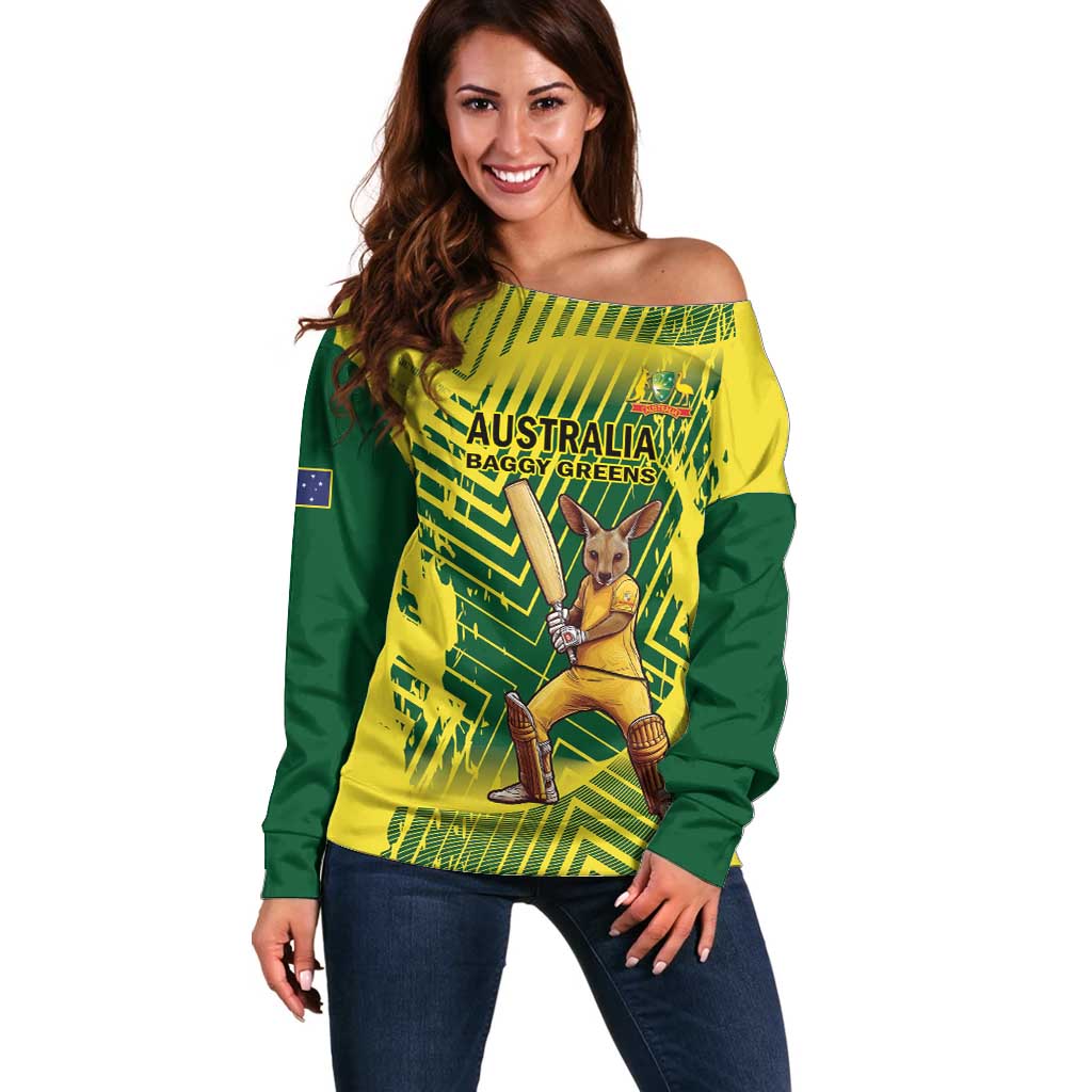 Custom Australia Cricket Off Shoulder Sweater Aussie Baggy Greens - Kangaroo Mascot Style