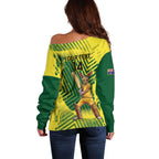Custom Australia Cricket Off Shoulder Sweater Aussie Baggy Greens - Kangaroo Mascot Style