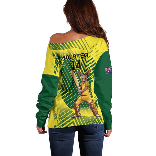 Custom Australia Cricket Off Shoulder Sweater Aussie Baggy Greens - Kangaroo Mascot Style