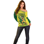 Custom Australia Cricket Off Shoulder Sweater Aussie Baggy Greens - Kangaroo Mascot Style