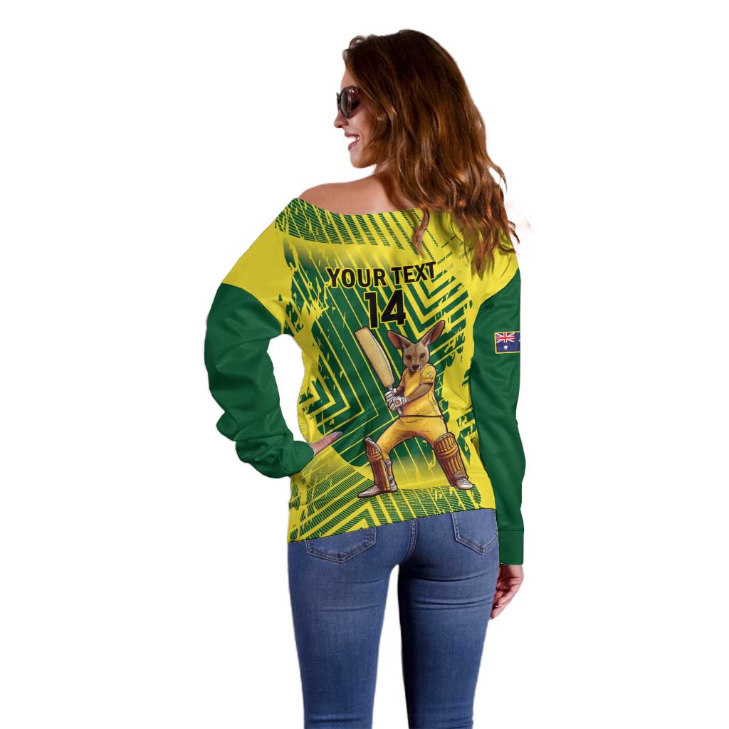 Custom Australia Cricket Off Shoulder Sweater Aussie Baggy Greens - Kangaroo Mascot Style
