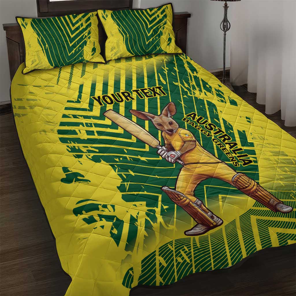 Custom Australia Cricket Quilt Bed Set Aussie Baggy Greens - Kangaroo Mascot Style