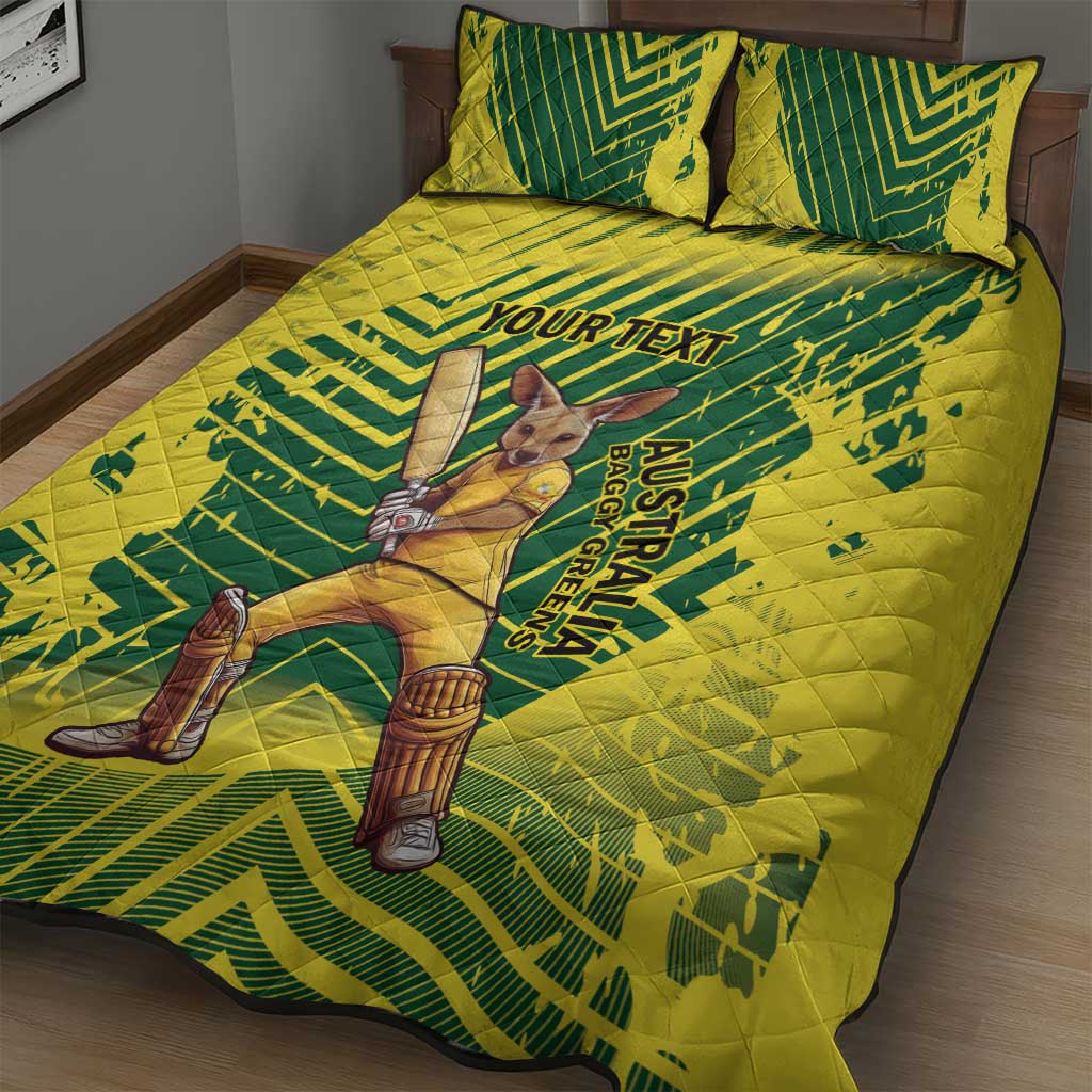 Custom Australia Cricket Quilt Bed Set Aussie Baggy Greens - Kangaroo Mascot Style