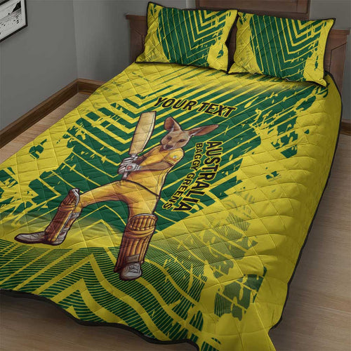 Custom Australia Cricket Quilt Bed Set Aussie Baggy Greens - Kangaroo Mascot Style
