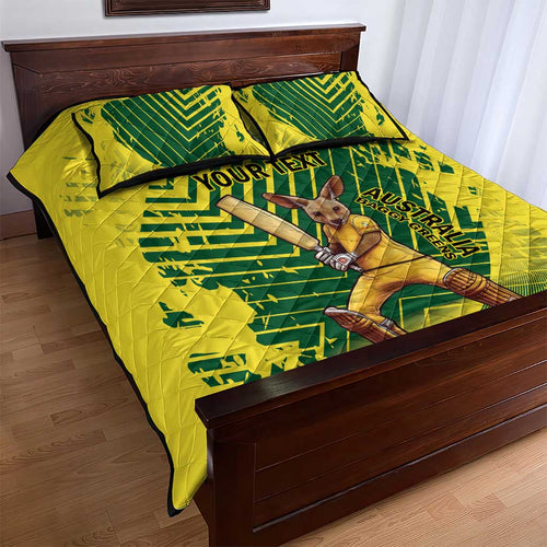 Custom Australia Cricket Quilt Bed Set Aussie Baggy Greens - Kangaroo Mascot Style