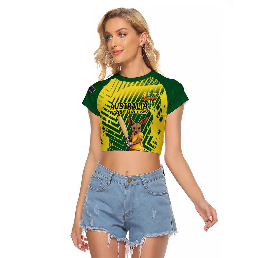 Custom Australia Cricket Raglan Cropped T Shirt Aussie Baggy Greens - Kangaroo Mascot Style