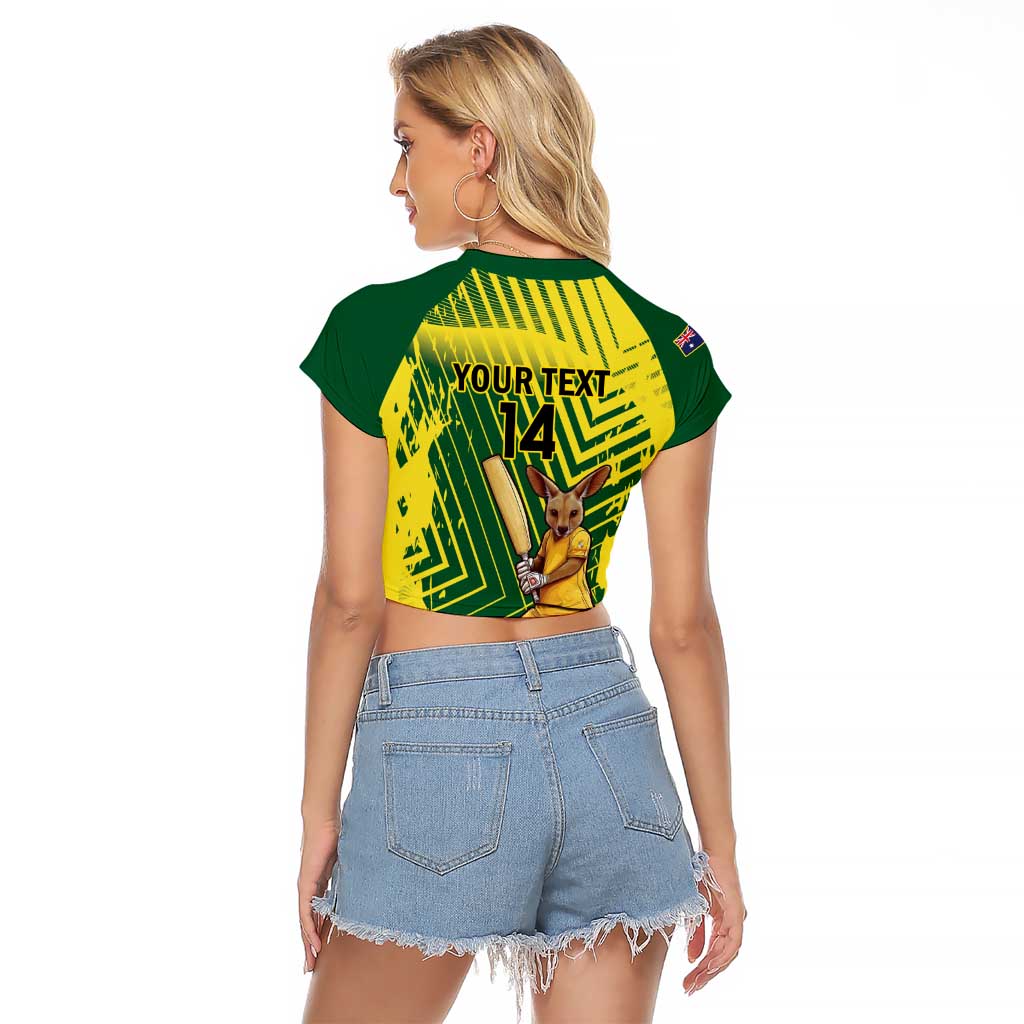 Custom Australia Cricket Raglan Cropped T Shirt Aussie Baggy Greens - Kangaroo Mascot Style