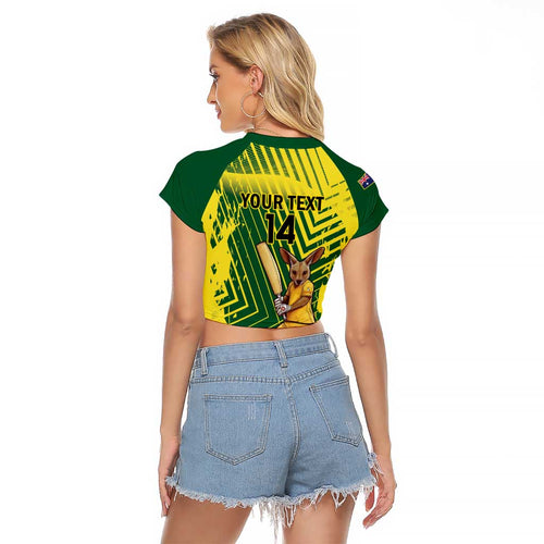Custom Australia Cricket Raglan Cropped T Shirt Aussie Baggy Greens - Kangaroo Mascot Style