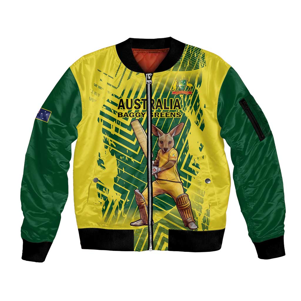 Custom Australia Cricket Sleeve Zip Bomber Jacket Aussie Baggy Greens - Kangaroo Mascot Style