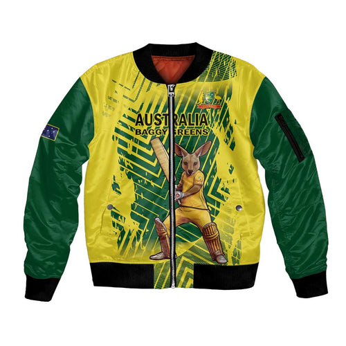 Custom Australia Cricket Sleeve Zip Bomber Jacket Aussie Baggy Greens - Kangaroo Mascot Style
