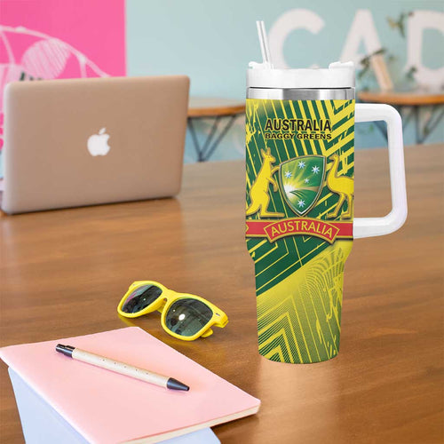 Custom Australia Cricket Tumbler With Handle Aussie Baggy Greens - Kangaroo Mascot Style