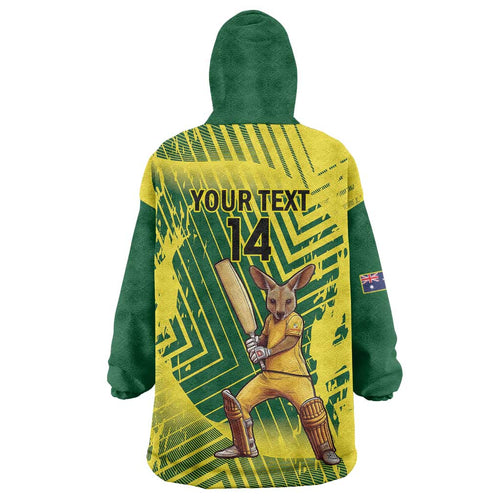 Custom Australia Cricket Wearable Blanket Hoodie Aussie Baggy Greens - Kangaroo Mascot Style